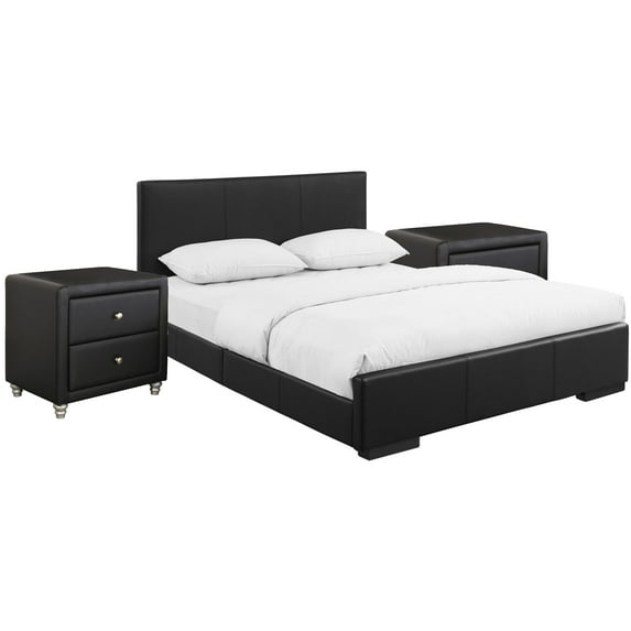 HomeStock Medieval Moods Upholstered Platform Bed, Black, King with 2 Nightstands