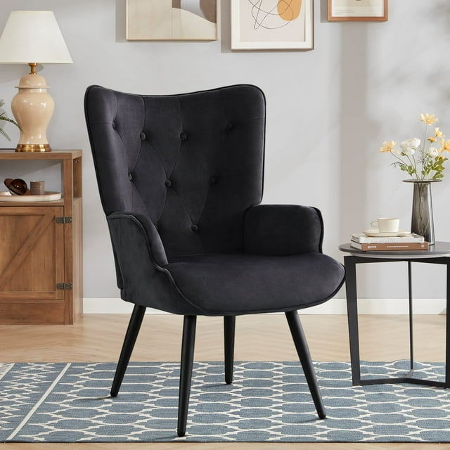 Falvinoryn Velvet Accent Chairs, Wingback Reading Chair, Upholstered Arm Chair, Mid Century Leisure Chairs for Living Room, Black
