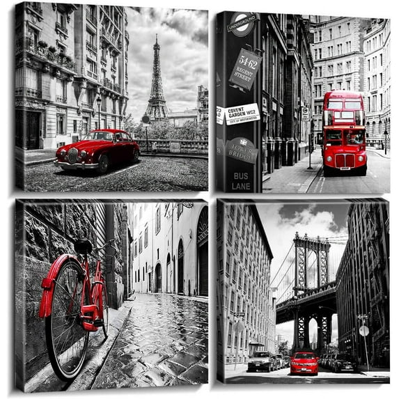 Black and White Wall Art Cityscape Pictures Modern Framed Wall Decor for Bedroom Bathroom Red City New York London Italy Paris Canvas Artworks Living Room Office Kitchen Home Decorations 16×16" 4 Pcs