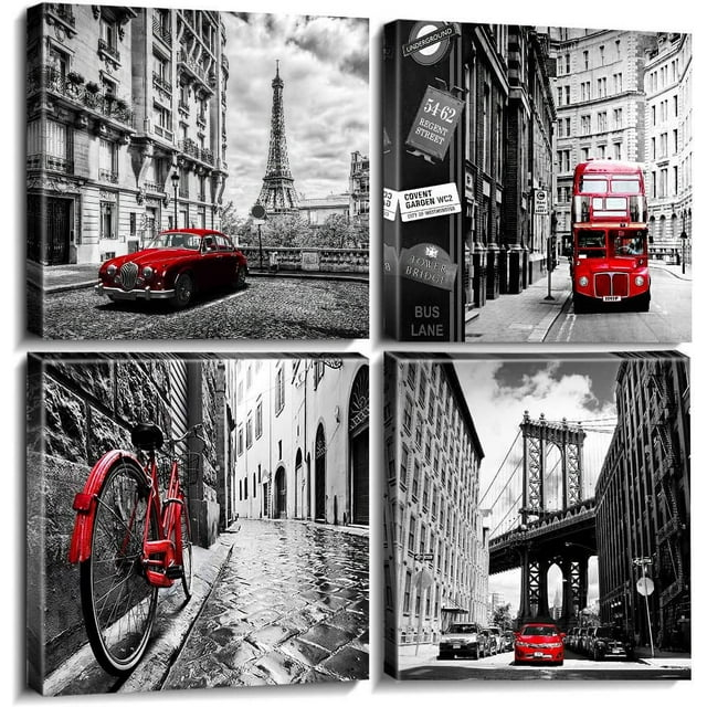 Black and White Wall Art Cityscape Pictures Modern Framed Wall Decor for Bedroom Bathroom Red City New York London Italy Paris Canvas Artworks Living Room Office Kitchen Home Decorations 16×16" 4 Pcs