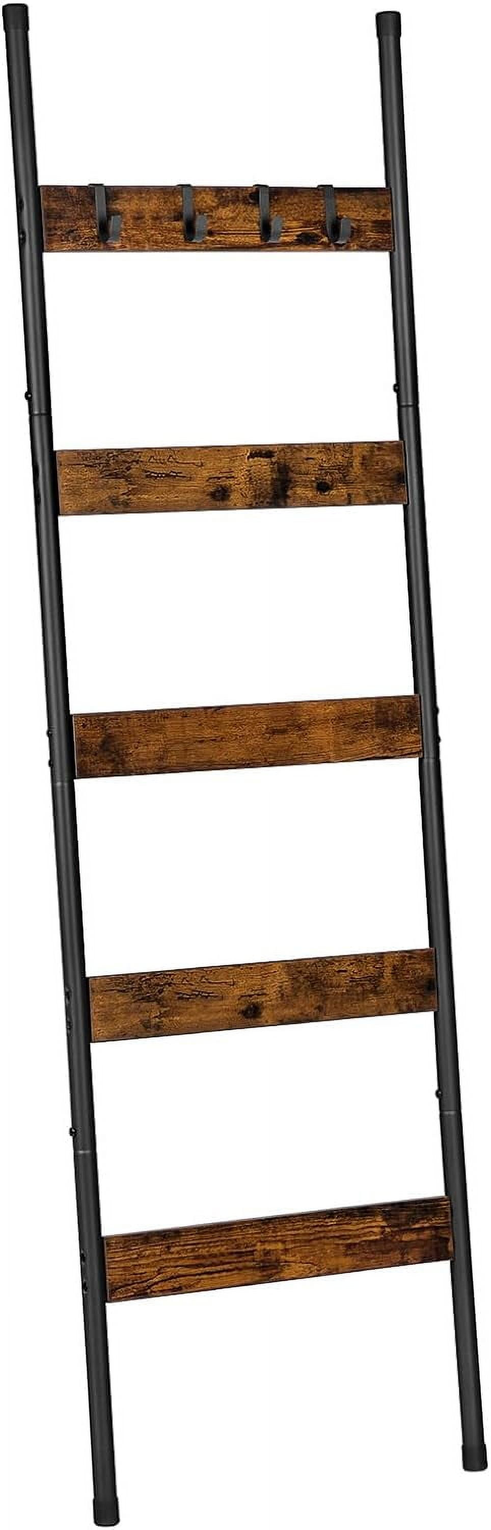 Blanket Ladder, 5-Tier Towel Rack with Hooks, Wall-Leaning Blanket Rack, Decorative Display Ladder Shelf, Scarves, Industrial, Living Room, Bedroom, Rustic Brown and Black BF52CJ01