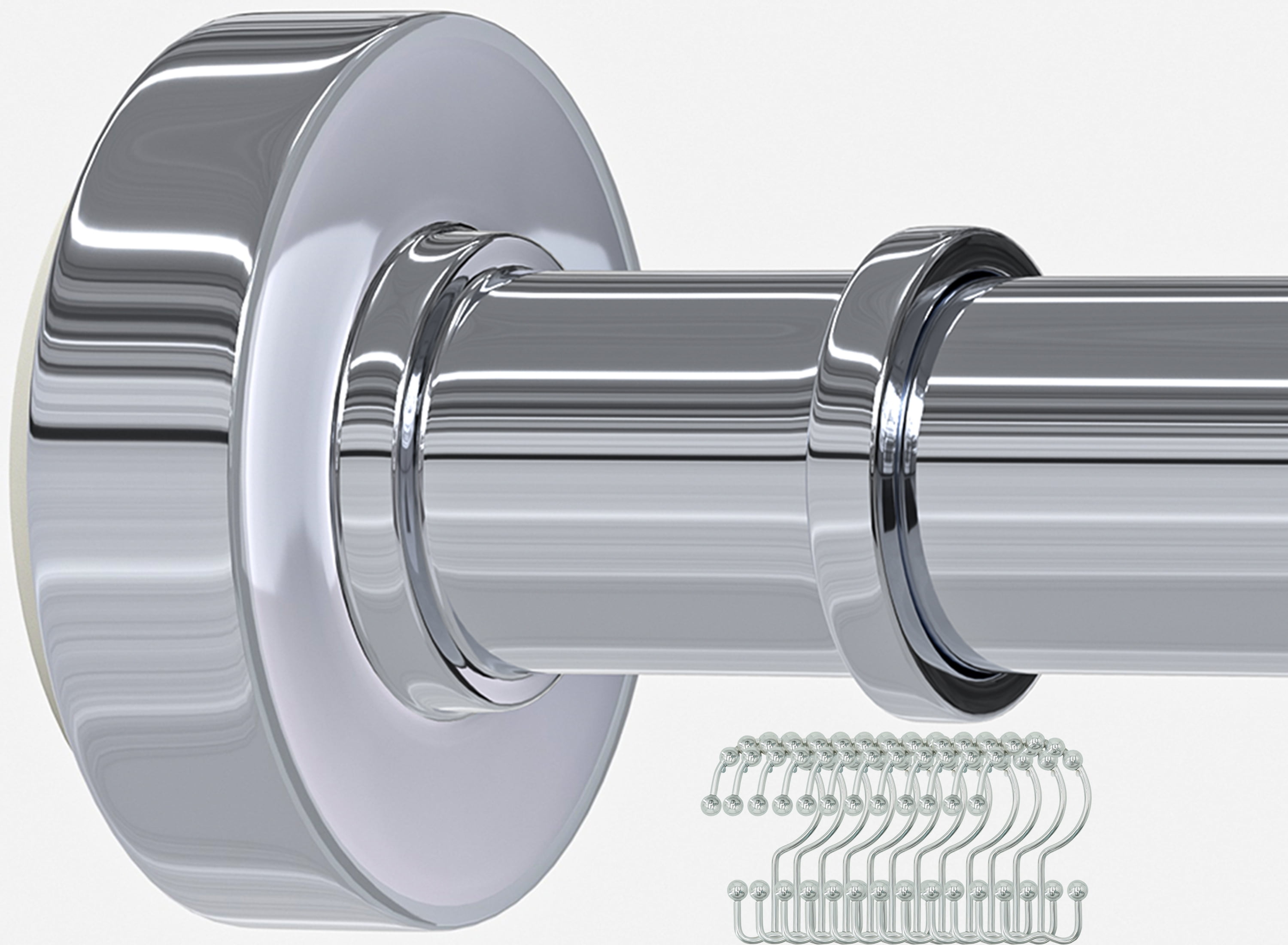 BloomFlower Chrome Shower Rod with 12 Hooks, Adjustable 43-72 inches,Rust Resistance,Tension Metal Rod,No Drill,Silver