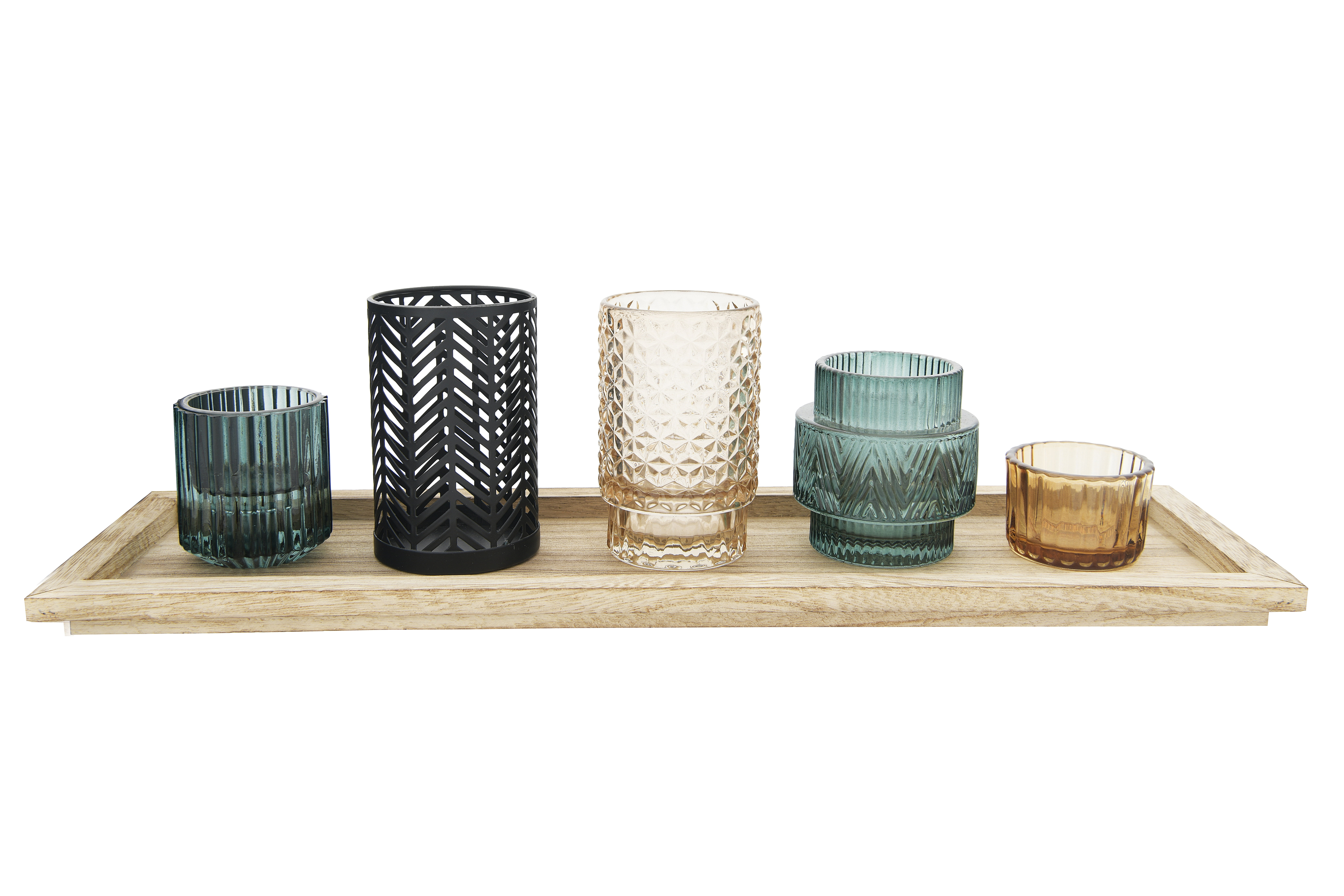 Bloomingville Embossed Glass & Metal Tealight/Votive Holders on Rectangle Wood Tray (Set of 6 Pieces)