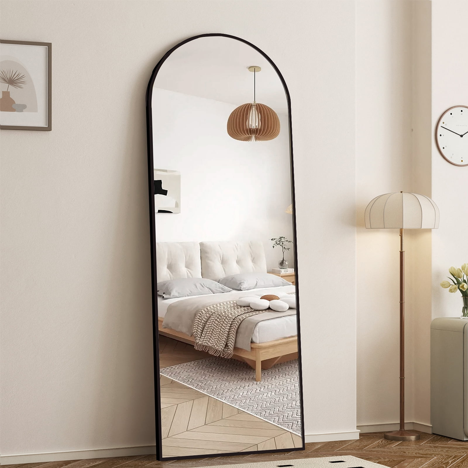 GLSLAND Full Length Mirror Arch Standing Floor Mirror, 64"x21" Arched Wall Mirror, Black