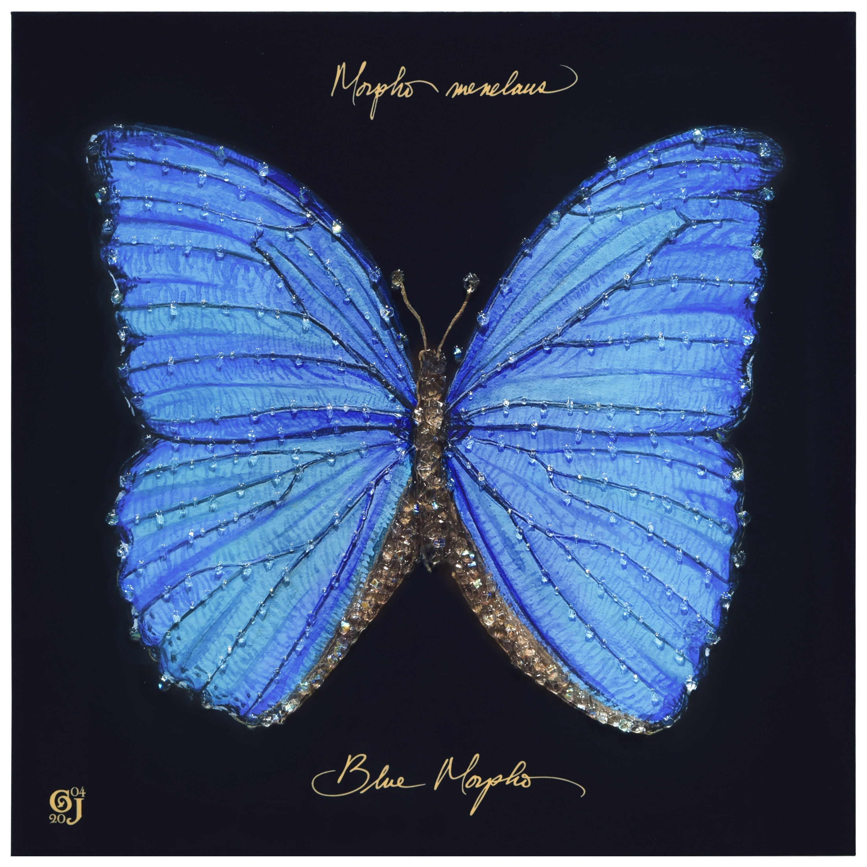 "Blue Monarch Elegance" Crystallus Epoxy Coated Wrapped Glossy Butterfly Canvas Wall Art with Heavy Acrylic Crystal Shards Embellishments