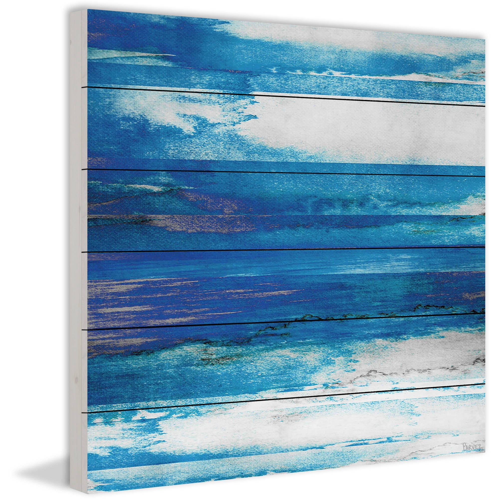 "Blue Painted Ocean" Painting Print on White Wood