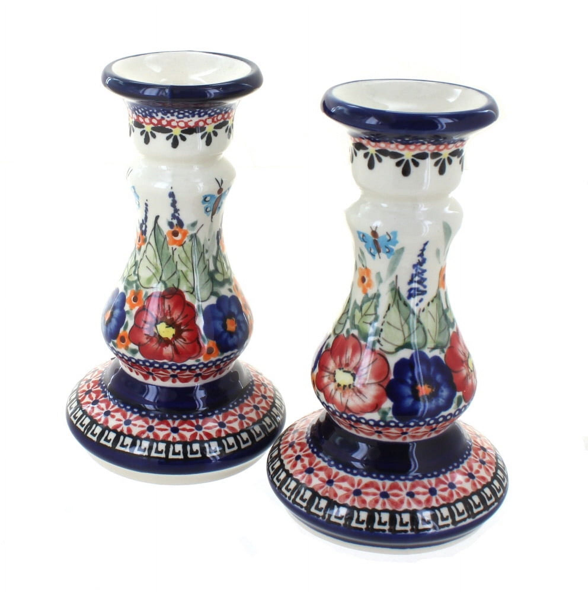 Blue Rose Polish Pottery Floral Butterfly Candle Stick Pair