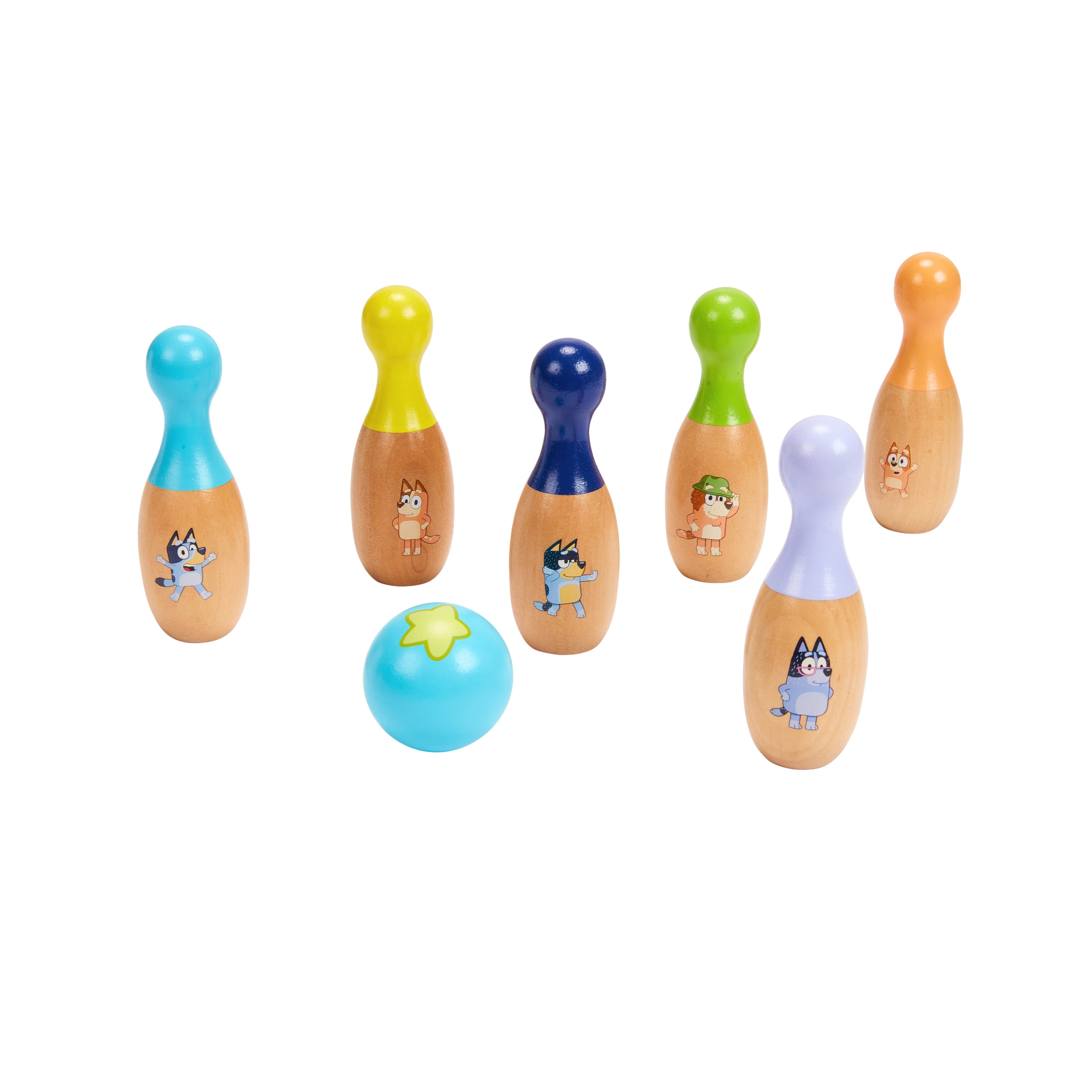 Bluey Wooden Bowling Skittles Set, Indoor & Outdoor Bowling Play, 6 Pins and 1 Bowling Ball, Ages 3+