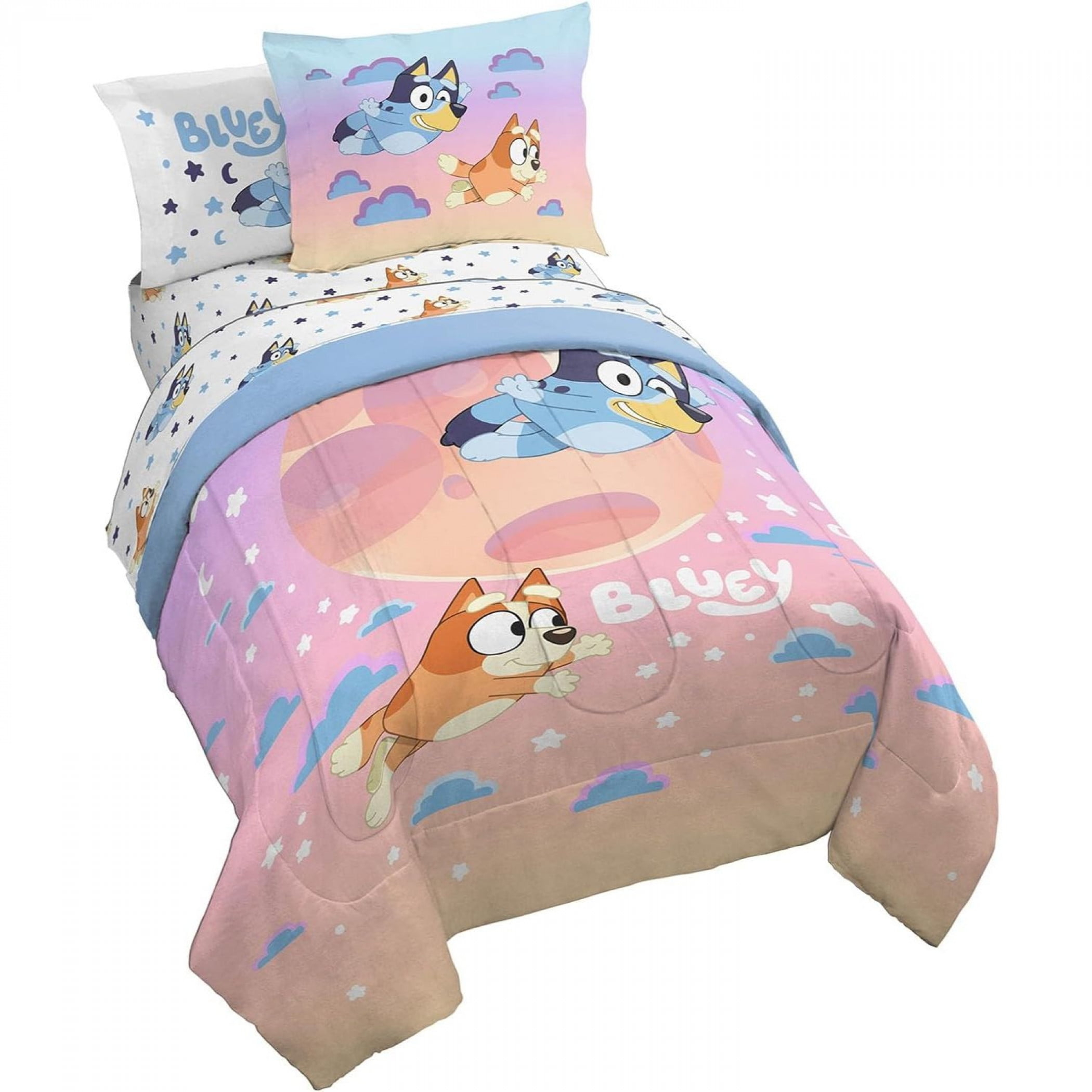 BBC Bluey Sisters Sleepy Time 5 Piece Twin Size Kids Bed Set with Shams