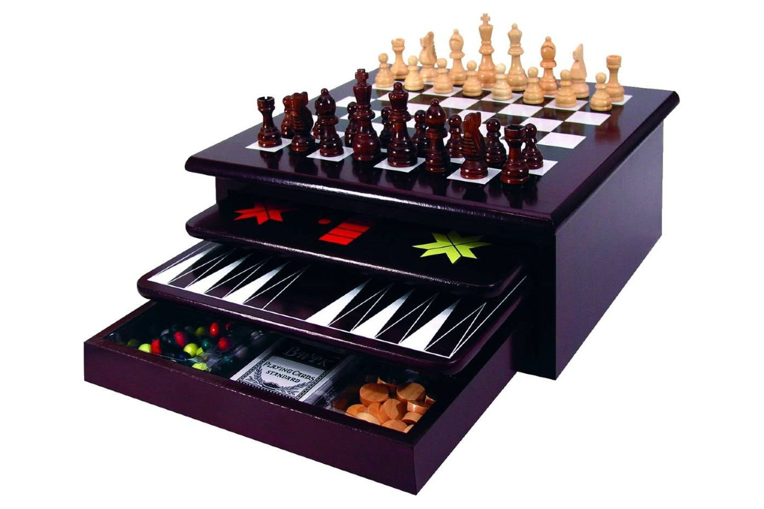 Board Game Set - Deluxe 15 in 1 Tabletop Wood-accented Game Center with Storage Drawer (Checkers, Chess, Chinese Checkers, Parcheesi, TicTacToe, SOlitaire, Snakes and Ladders, Mancala, Backgammon, Po