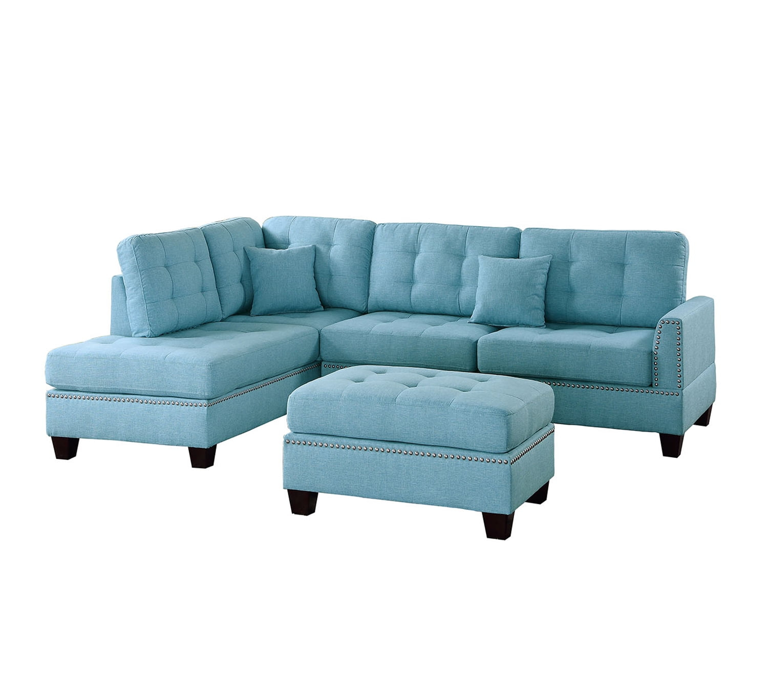 Bobkona Adolph Reversible Sectional Set with Ottoman in Light Blue.