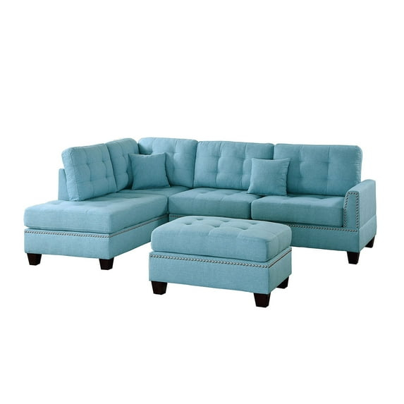 Bobkona Adolph Reversible Sectional Set with Ottoman in Light Blue.