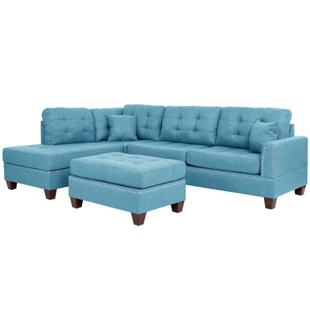 Bobkona Adolph Reversible Sectional Set with Ottoman in Light Blue.