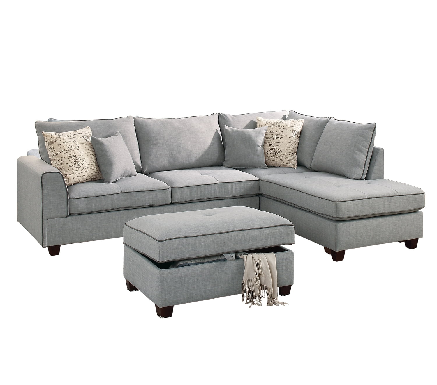Bobkona Rianne Dorris Reversible Sectional with Storage Ottoman set in Light Grey.