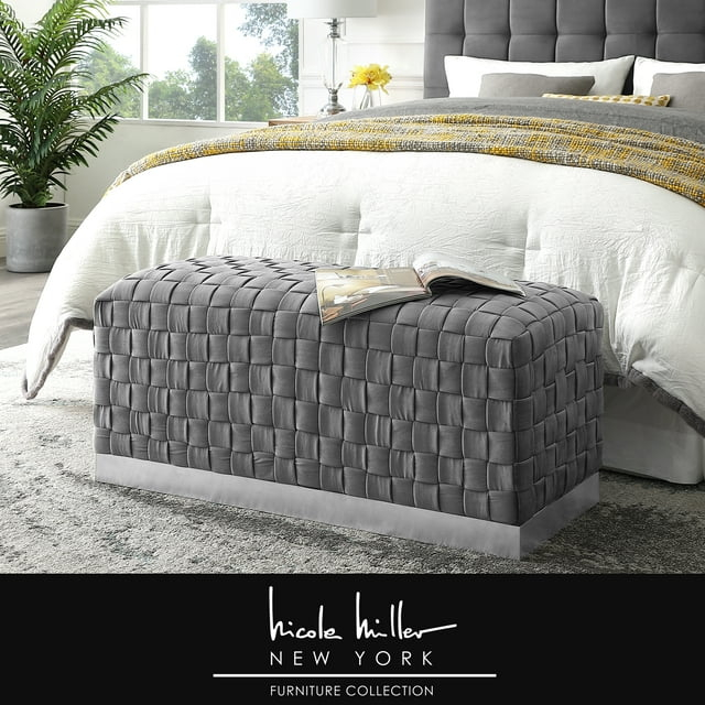 Boe Grey/Chrome Velvet Bench - Intricate Woven Pattern, Chrome Stainless Steel Base
