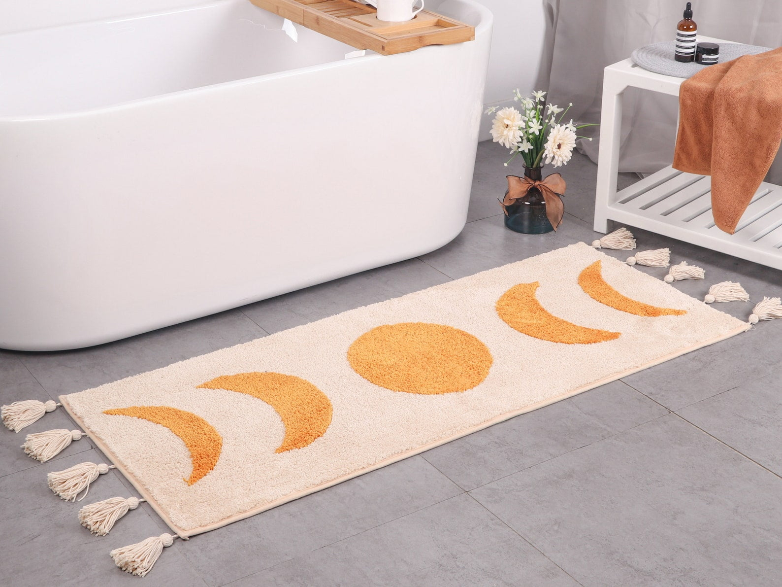 Boho Bathroom Rug Runner Moon Phases Bath Mat with Tassels - Half Moon Bohemian Rugs for Bathroom, Bedroom, Shower Moon Rug for Hippie, Witchy Decor - Boho Area Rug Beige Neutral Creamy Orange 20x50