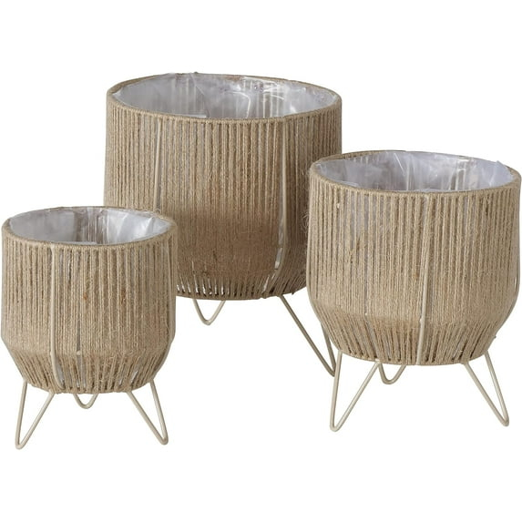 Boho Chic 3 Piece Rope Wrapped Planter Set, Natural Woven Jute, Beige Iron Framework, Plastic Lined, 6, 7 and 8 Inches, Hand Made