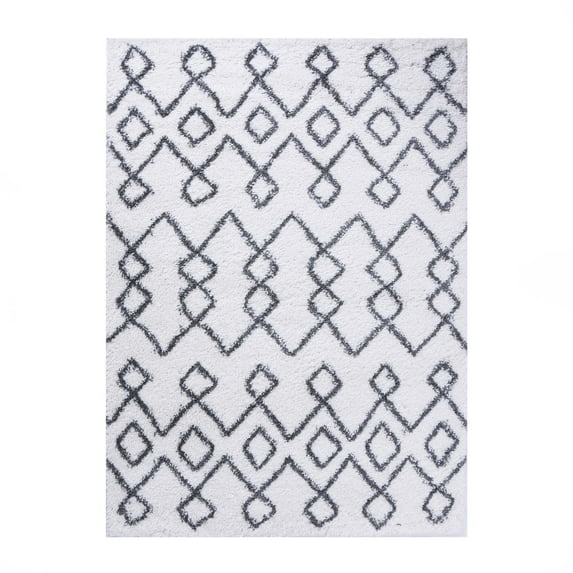 Boho Geometric Diamonds Plush Shag Indoor Area Rug, Black/Cream, 8' x 10'