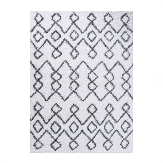 Boho Geometric Diamonds Plush Shag Indoor Area Rug, Black/Cream, 8' x 10'
