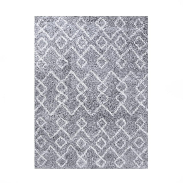 Boho Geometric Diamonds Plush Shag Indoor Area Rug, Cream/Grey, 4' x 6'