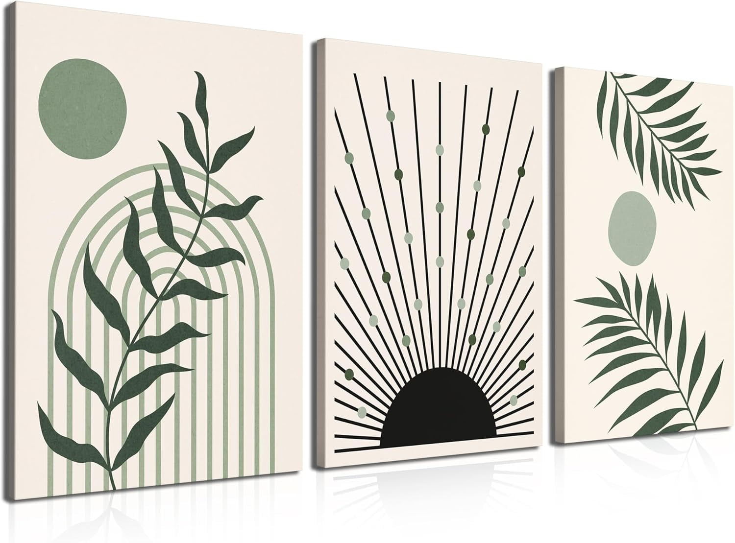 Boho Wall Art, Mid Century Modern Wall Art, Set of 3 Framed Canvas Wall Art Prints 12"x16" Abstract Geometric Neutral Sage Green Boho Artwork Wall Decor for Bedroom Living Room Bathroom