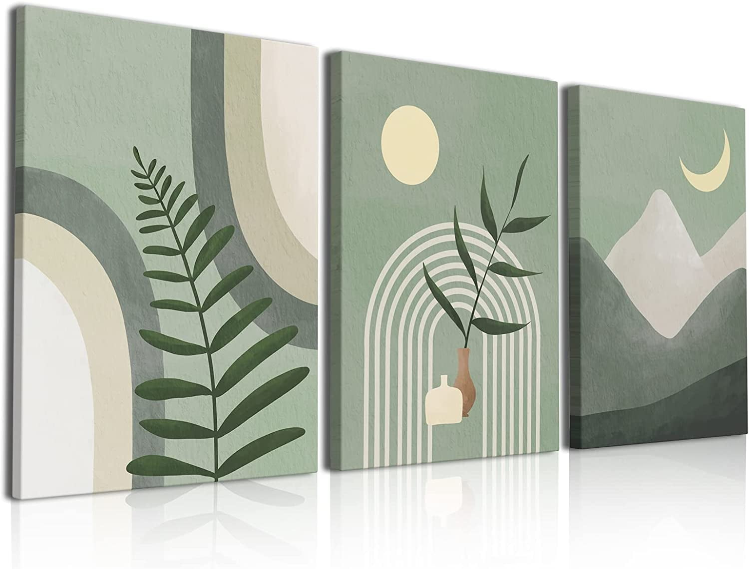 Large Framed Boho Canvas Wall Art Set of 3, Mid Century Modern room Decor, Minimalist Geometric Abstract Boho Bathroom wall art Canvas Prints Ready To Hang Bedroom decor (Sage Green,