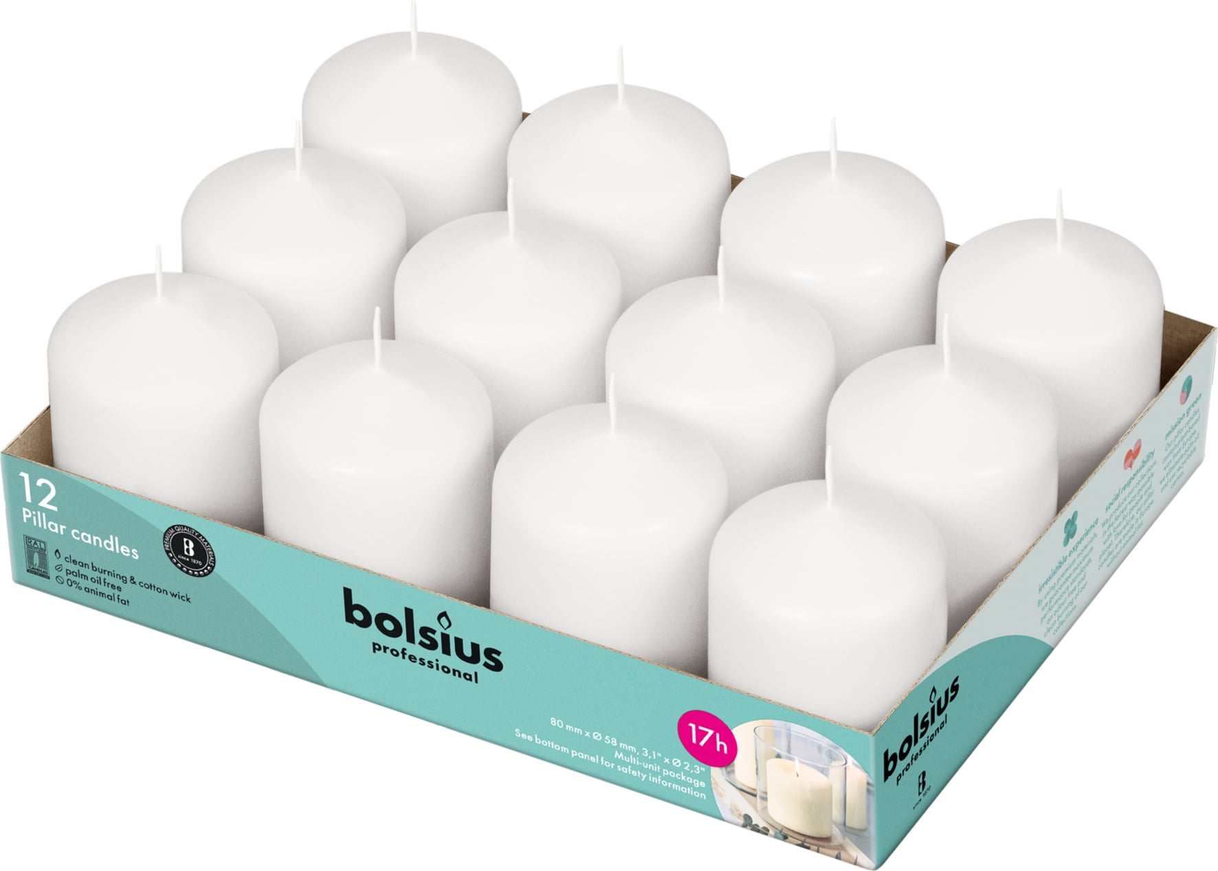 Bolsius White Pillar Candles 2.25X3" Unscented 12 Pack for Wedding, Home, Party Decor, Dinner | 17 Hours Clean Burning Smokeless and Dripless Candles