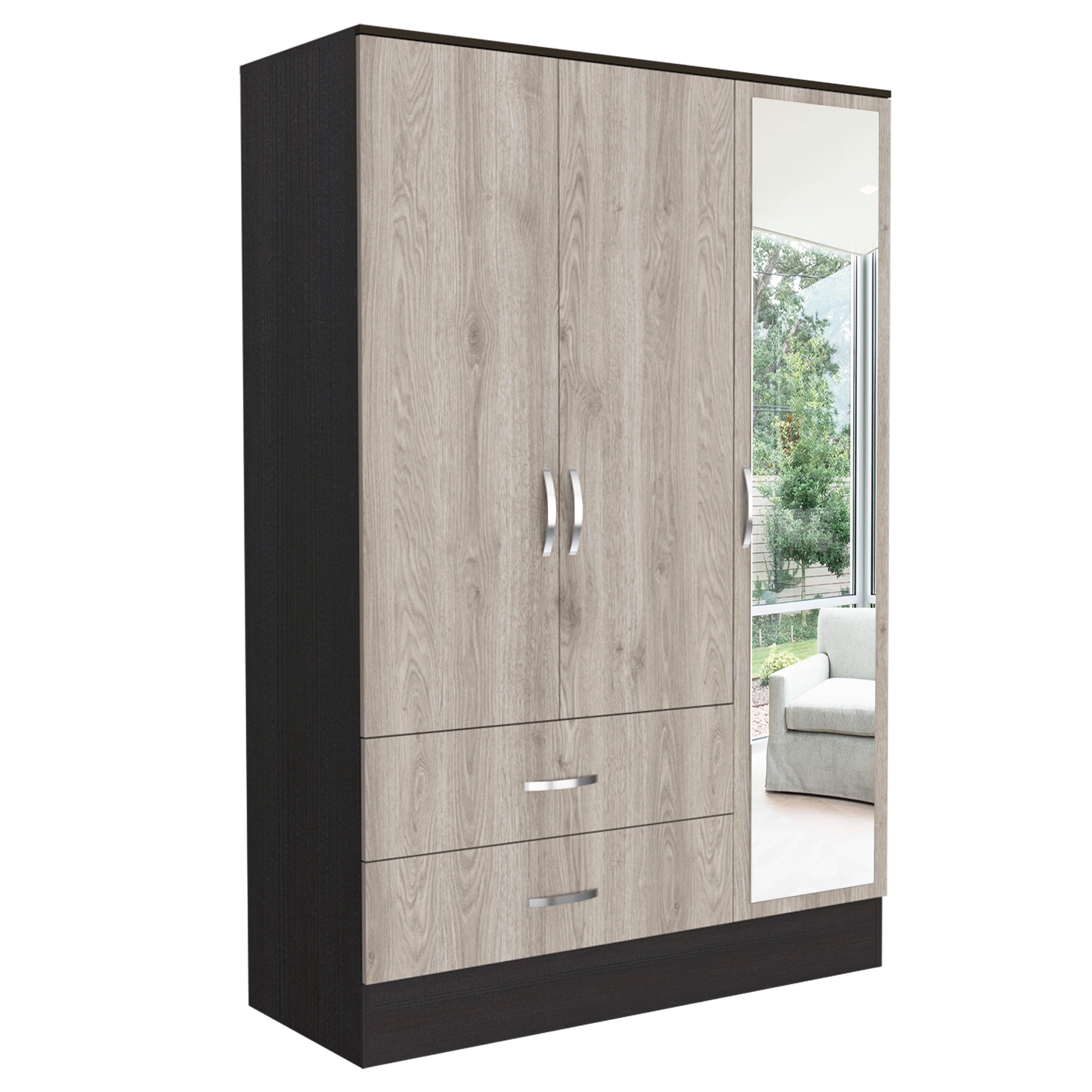 Bolton 120 Mirrored Armoire, Double Door Cabinet, Two Drawers, Single Door With Mirror, Rods