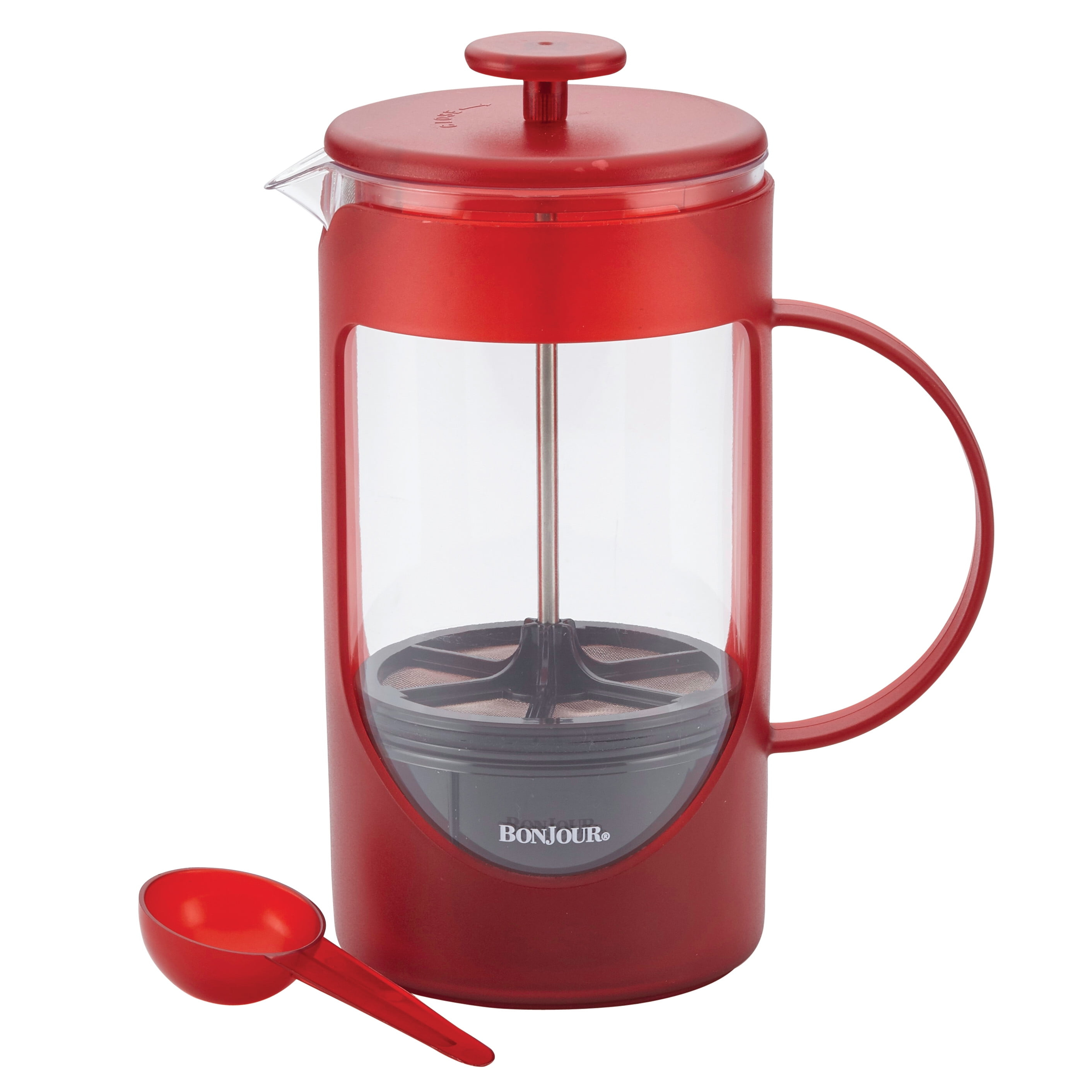 BonJour Coffee 40 Ounce Unbreakable Plastic French Press with Lock and Toss Filter, Red