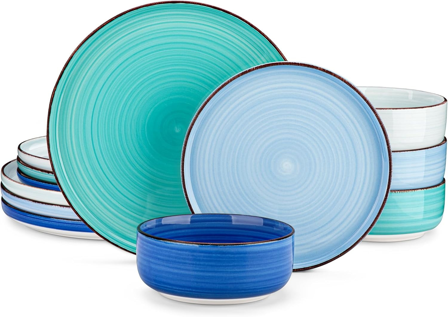 Bonita Blue Dinnerware Sets, Plates and Bowls Set for 4, 12 Pieces Stoneware Dinnerware Set, Dishwasher and Microwave Safe