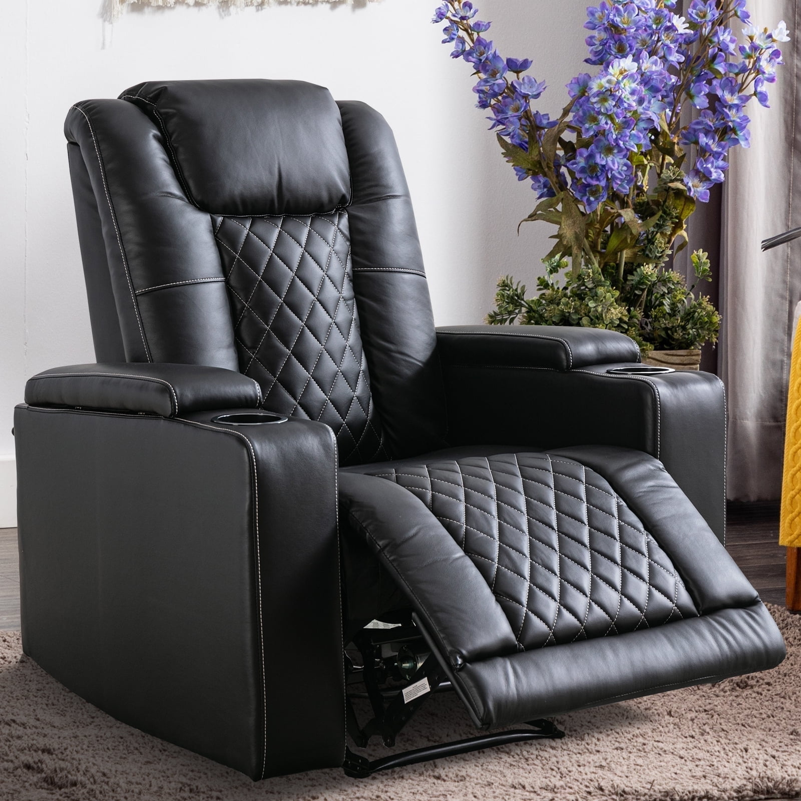 Bonzy Home Electric Power Recliner Chair Soft Air Breathable Leather Reclining for Adults with USB Ports and Cup Holders, Black Home Theater Seating with Hidden Arm Storage Movie & Media Room Chairs