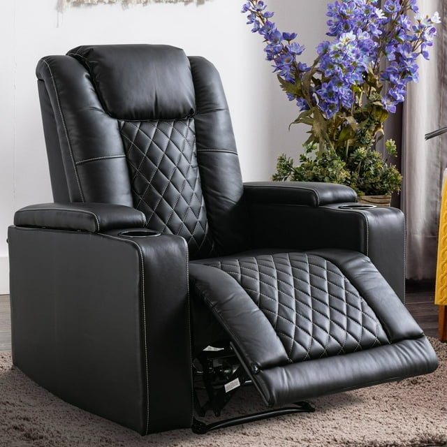 Bonzy Home Electric Power Recliner Chair Soft Air Breathable Leather Reclining for Adults with USB Ports and Cup Holders, Black Home Theater Seating with Hidden Arm Storage Movie & Media Room Chairs