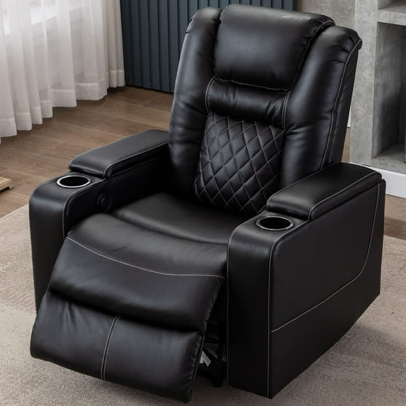 Bonzy Home Power Electric Recliner Chair with USB Ports and Cup Holders Leather Home Theater Seating, Living Room Chair Black
