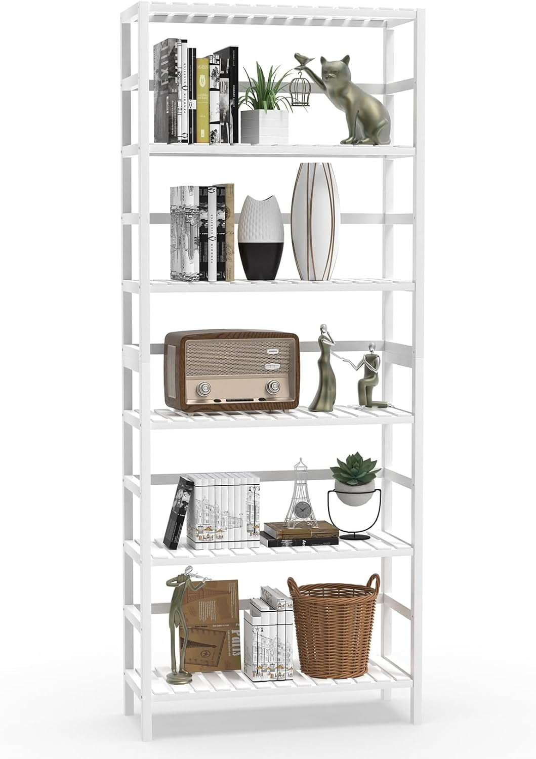 Bookshelf,6 Tier Bamboo Adjustable Bookshelves,Tall Bookcase Shelf Storage Organizer,Free Standing Storage Shelving Unit for Living Room,Bedroom,Bathrrom and Home Office,White