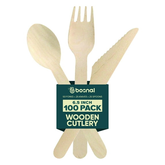 Bosnal Wooden Disposable Forks Knives and Spoons Cutlery Set, 100 Pcs
