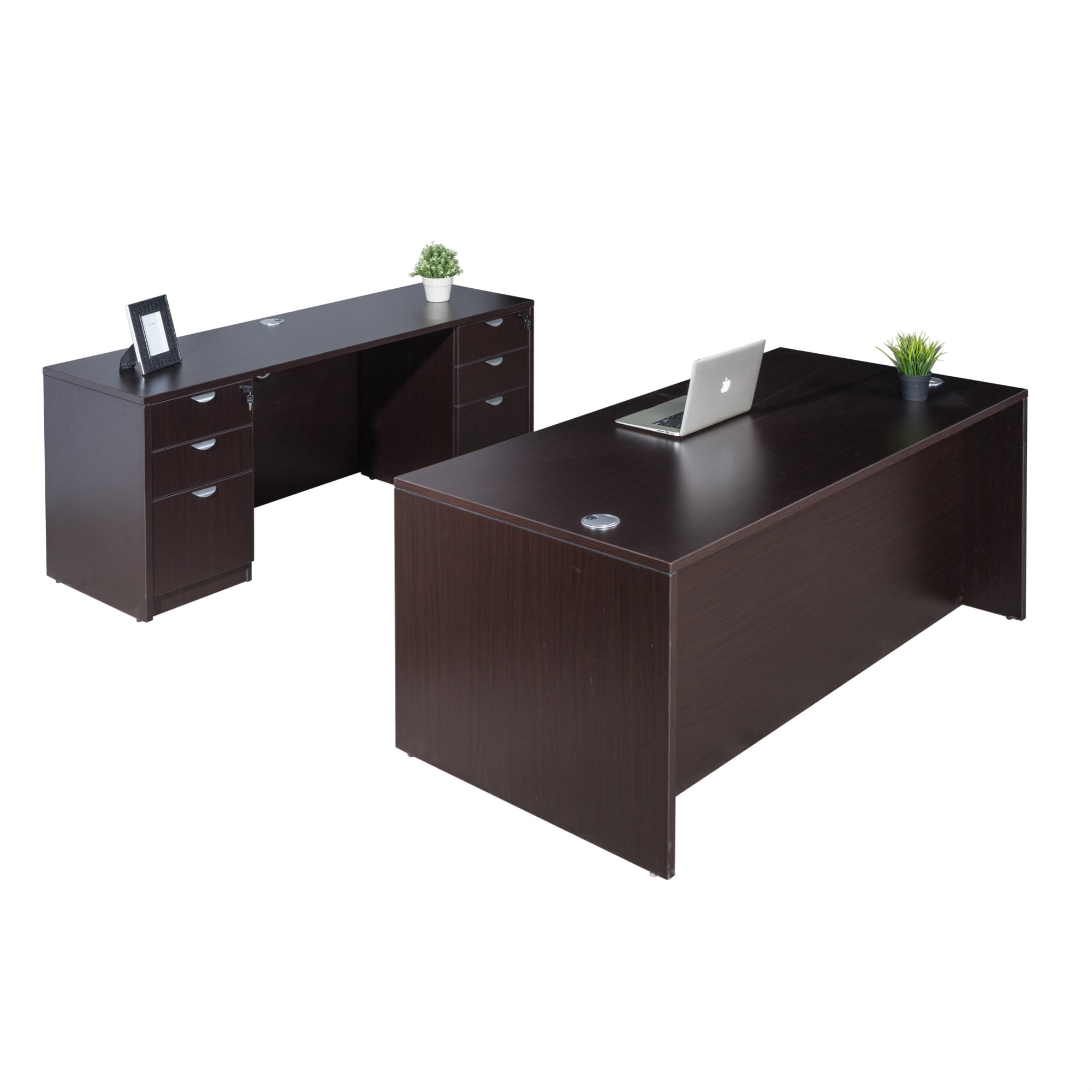 Boss Office Products Mocha 66 inch Executive Desk and Credenza with Dual File Storage Pedestals