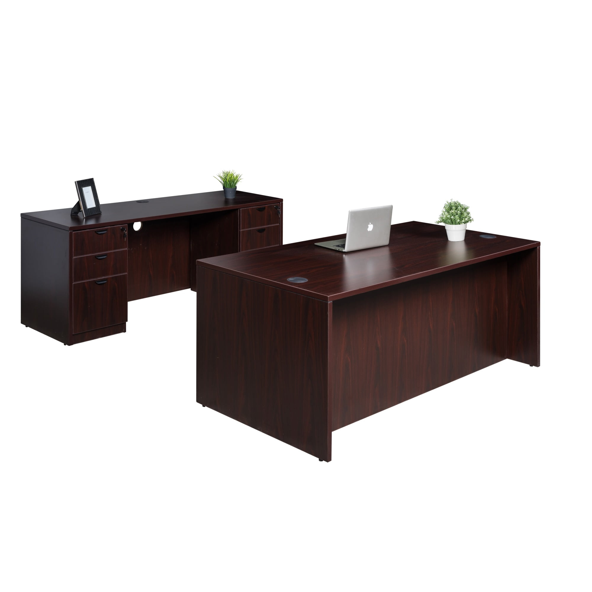 Boss Office Desk and Credenza with 2 Pedestals in Mahogany