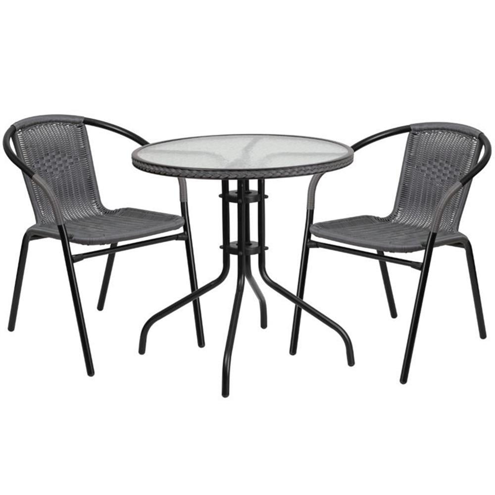 Flash Furniture Lila 28'' Round Glass Metal Table with Gray Rattan Edging and 2 Gray Rattan Stack Chairs