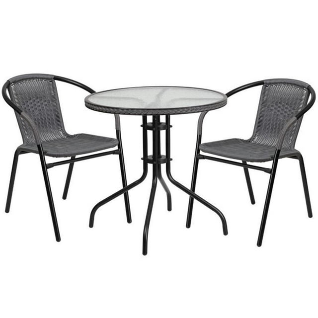 Flash Furniture Lila 28'' Round Glass Metal Table with Gray Rattan Edging and 2 Gray Rattan Stack Chairs