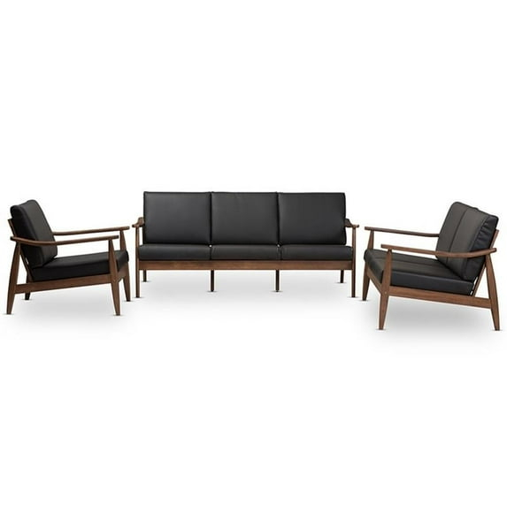 Baxton Studio Venza Mid-Century Modern Walnut Wood Black Faux Leather 3-Piece Livingroom Set