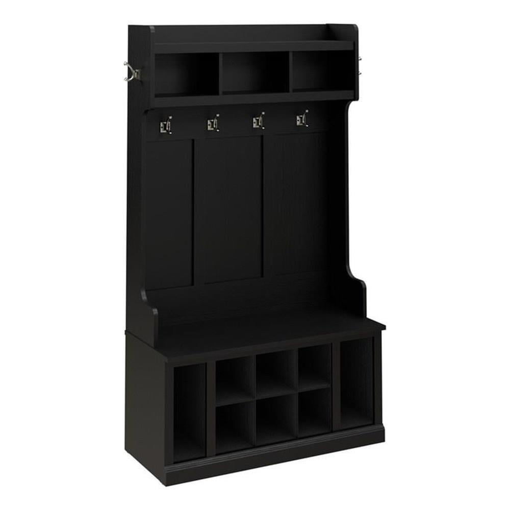 Bowery Hill 40" Engineered Wood Hall Tree and Shoe Bench w/ Shelves in Black Oak