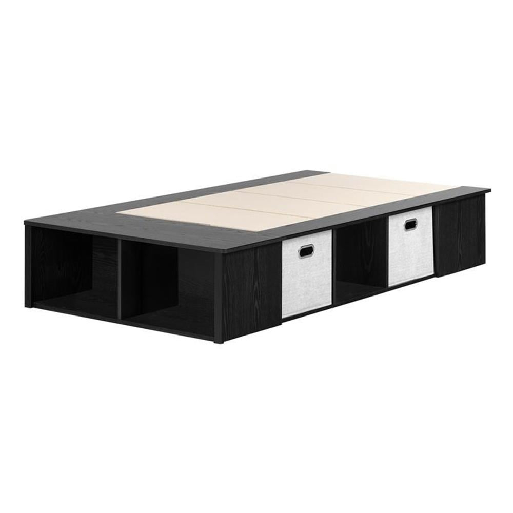 Bowery Hill Contemporary Wood Platform Twin Bed with Baskets in Black