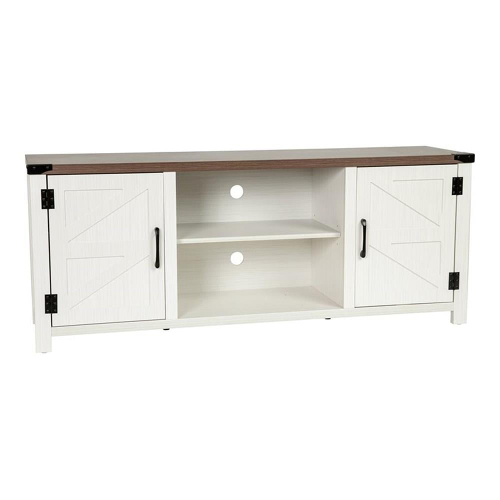 Emma + Oliver Barn Door Style TV Stand for up to 65" TV's - White Wash with Walnut Top Entertainment Center - 59" Media Console with Adjustable Middle Shelf