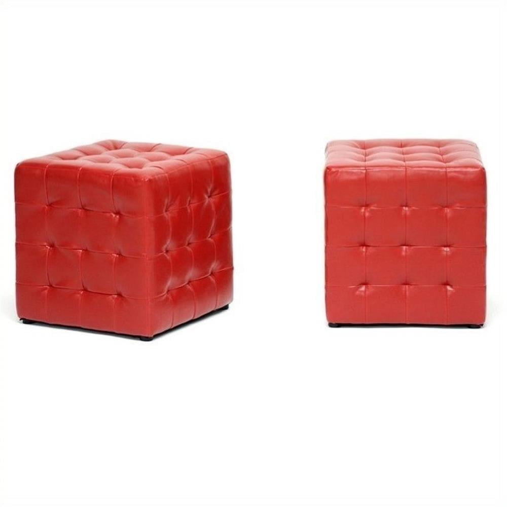 Set of 2 Siskal Modern Cube Ottoman Red - Baxton Studio: Faux Leather, No Assembly, Wood Frame