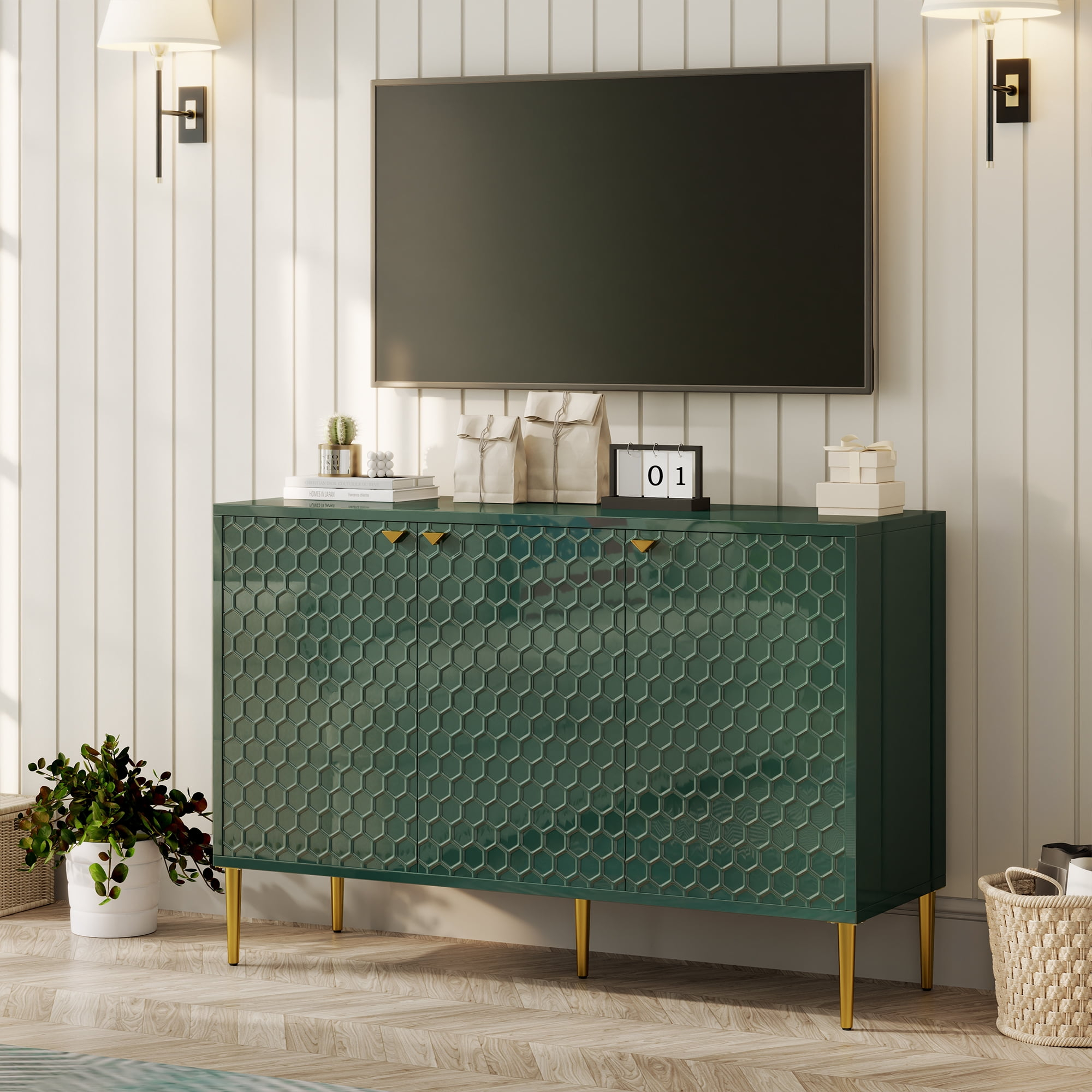 Boyel Living Sideboard Buffet Cabinet with 3 Doors, Modern Accent Storage Cabinet with Adjustable Shelves, Green Credenza Entryway Cabinet for Living Room