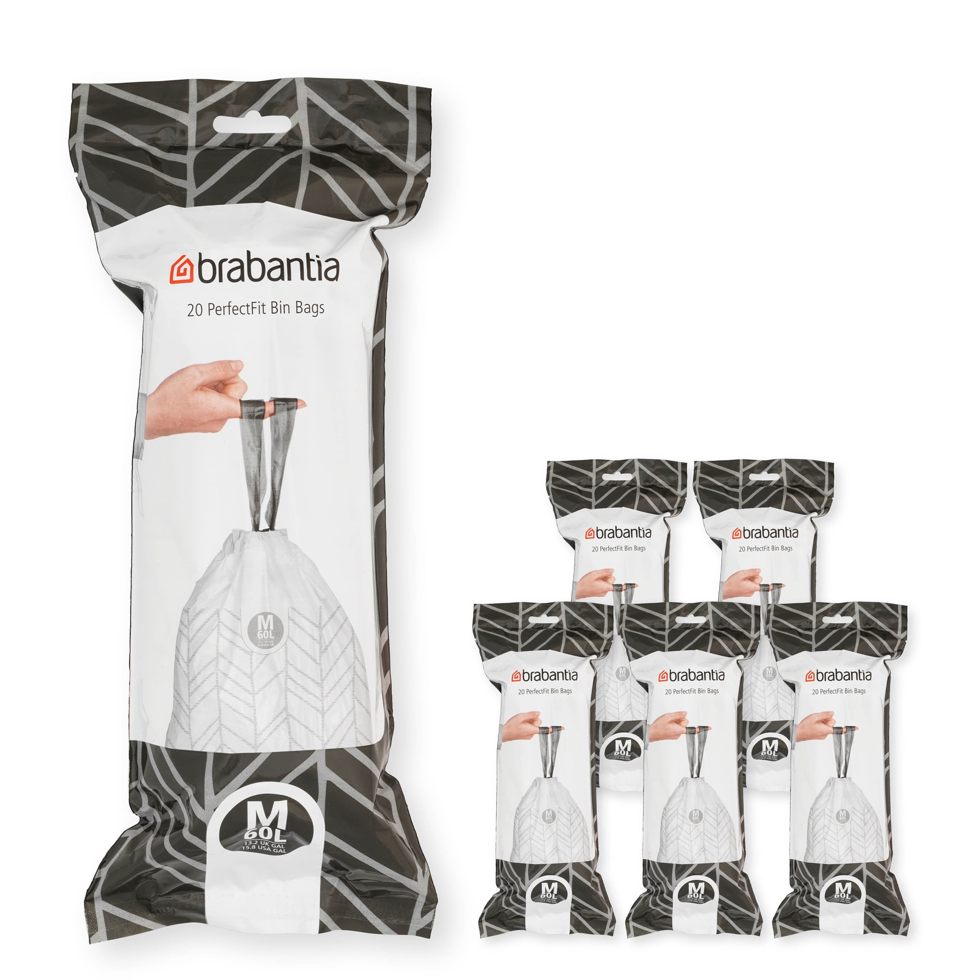 Brabantia PerfectFit Trash Bags with Drawstring Handles, Code M, 16 gallon (60L), 120 Count