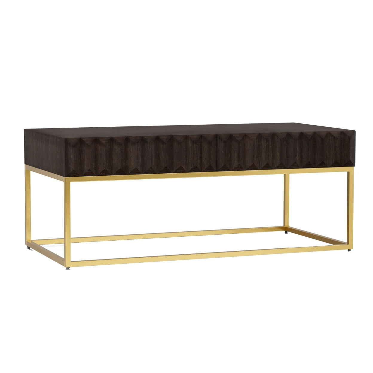 Bran 48 Inch Rectangular Coffee Table Brown Wood Gold Base 2 Drawers
