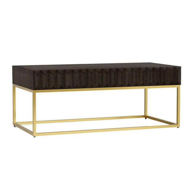 Bran 48 Inch Rectangular Coffee Table Brown Wood Gold Base 2 Drawers