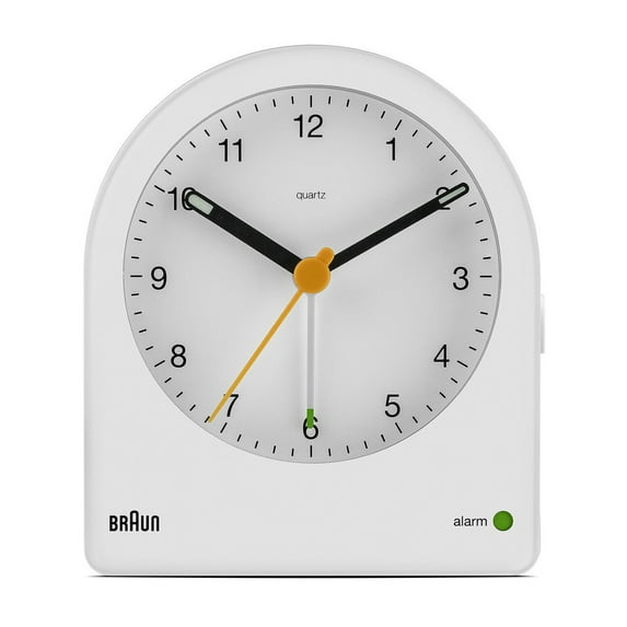 Braun Classic Analogue Alarm Clock with Snooze and Continuous Backlight, Quiet Quartz Movement, Crescendo Beep Alarm in White, model BC22W.