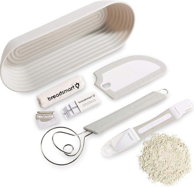 Breadsmart Artisan Bread Making Kit - 5 PC Baking Supplies Set - Lame, Scraper, Whisk, Proofing Basket & Cotton Liner - Gray